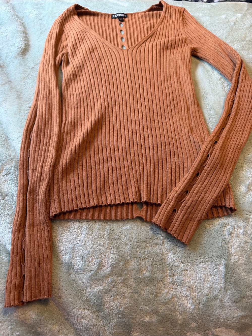 Express Ribbed Cutout Deep V-Neck Long Sleeve Sweater Top - Rust / Brown Size S